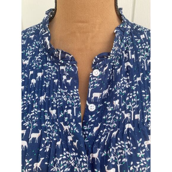 J. Crew Women's Blouse Navy Blue Deer Print Button Woodland Popover Size 00 - Picture 2 of 15